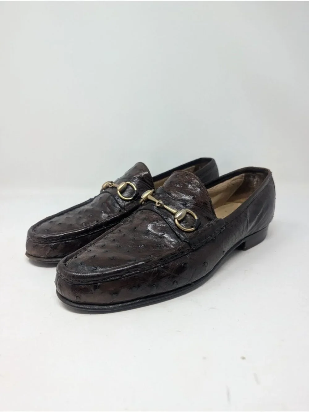 Vintage Y2K Gucci Horsebit Loafers 43.5 10 Brown Ostrich Leather